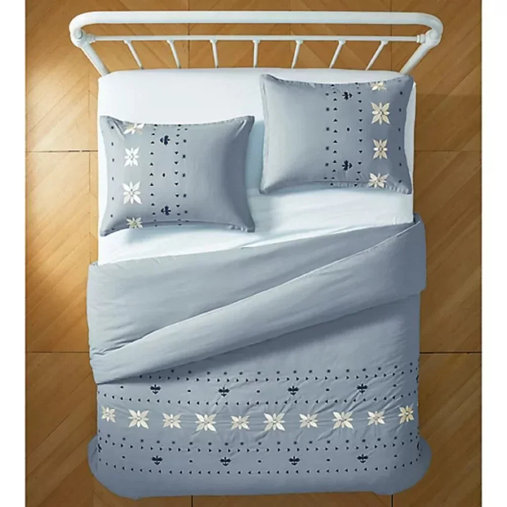 new 3-pc BLUE Wild Sage Alana Embroidered Geometric FULL / QUEEN Duvet Cover Set